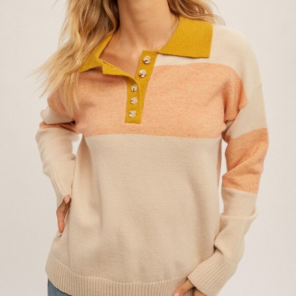 HEM & THREAD Colorblock Collared Sweater with Button Placket - Picture 3 of 6